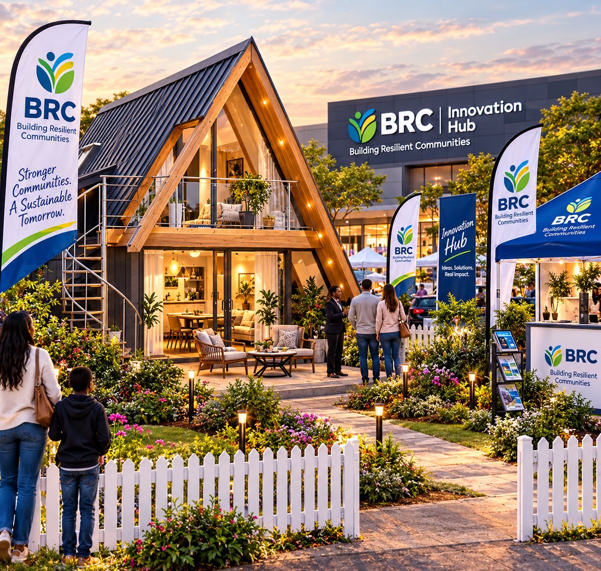 Concept image of a BRC A-frame show home at the BRC Innovation Hub, with visitors in the garden