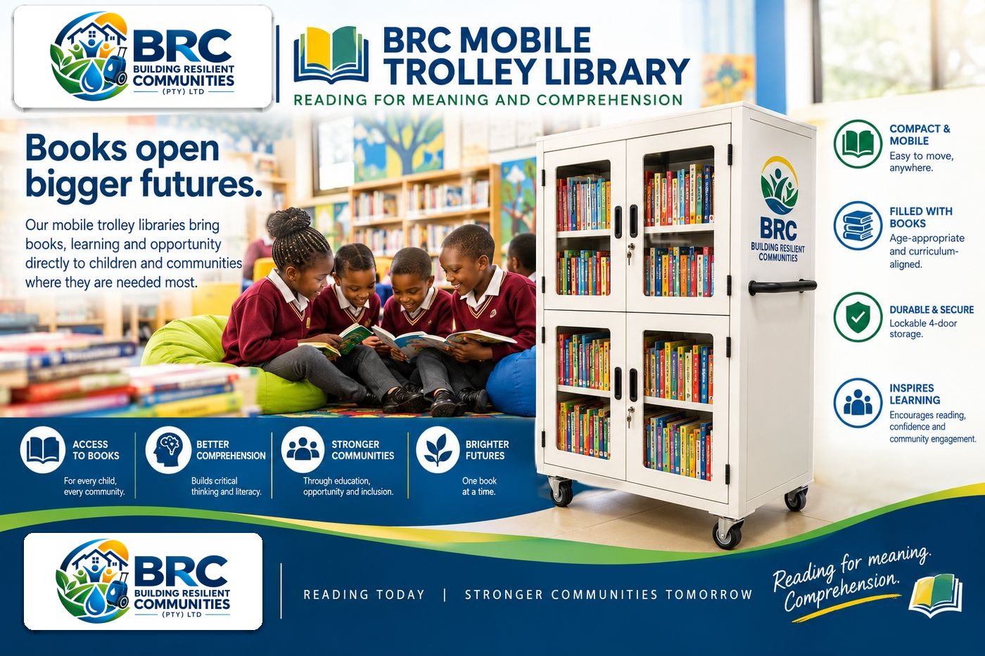 Concept image of learners reading beside a lockable four-door BRC mobile trolley library
