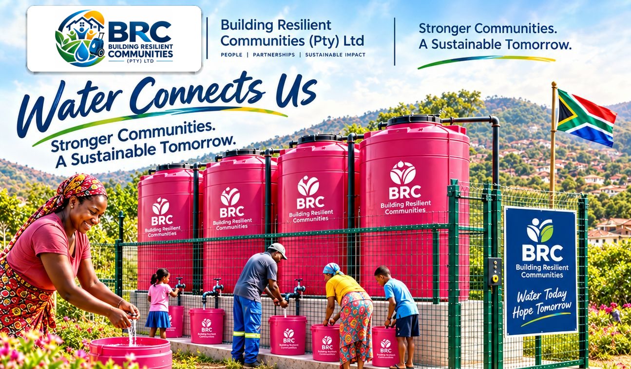 Concept image of a fenced BRC community water point with four storage tanks and tap stands, with residents collecting water